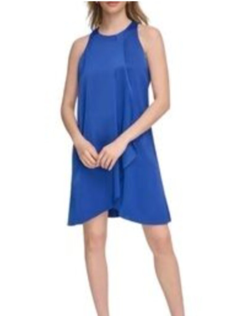 Calvin Klein Royal Blue Satiny Shiny Flowy Asymmetrical Pleated Dress